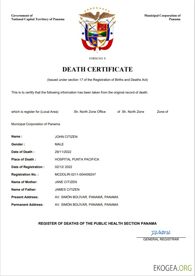 Modèle Word et PDF de certificat de décès du Panama